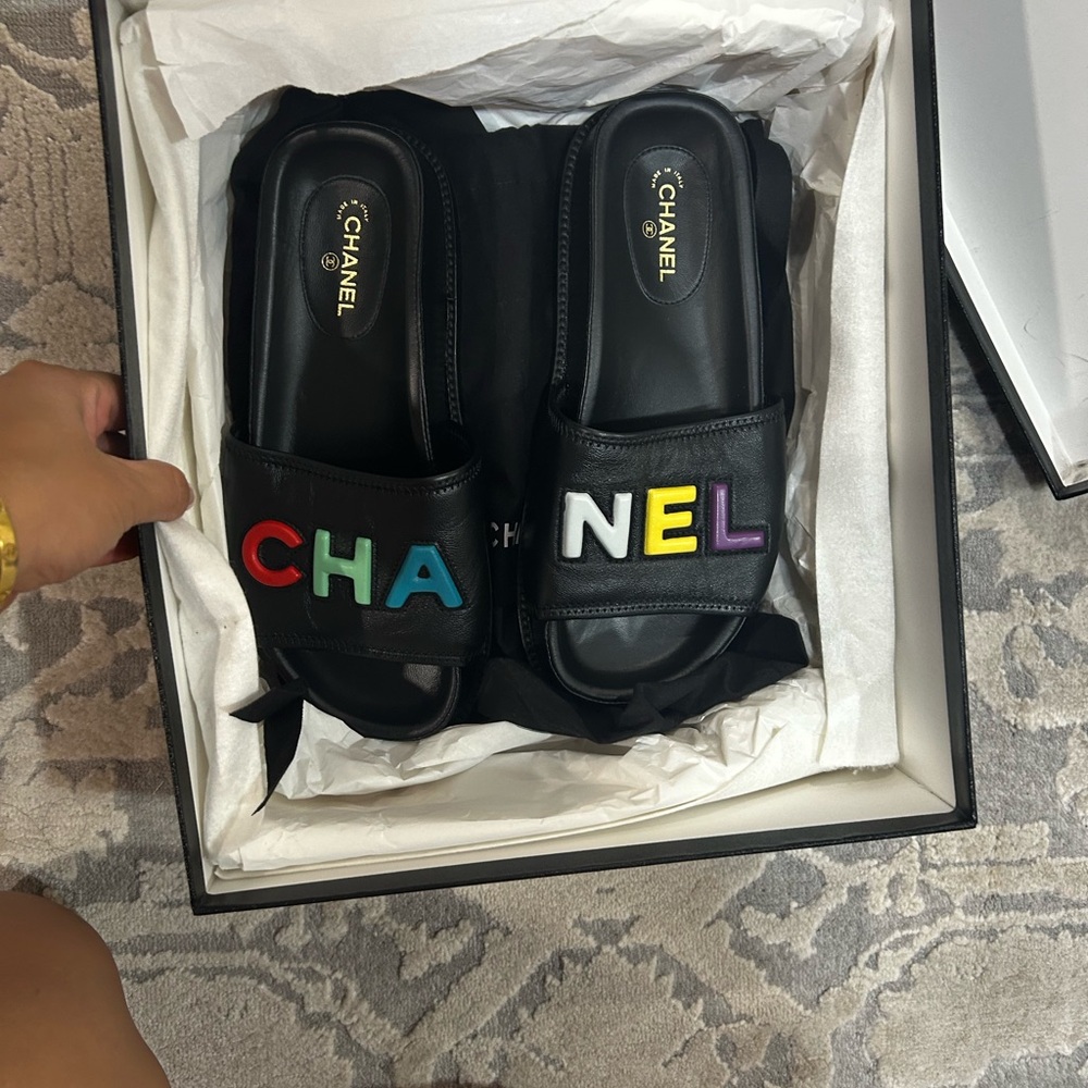 AUTHENTIC CHANEL Black Multi color Mule Sandals